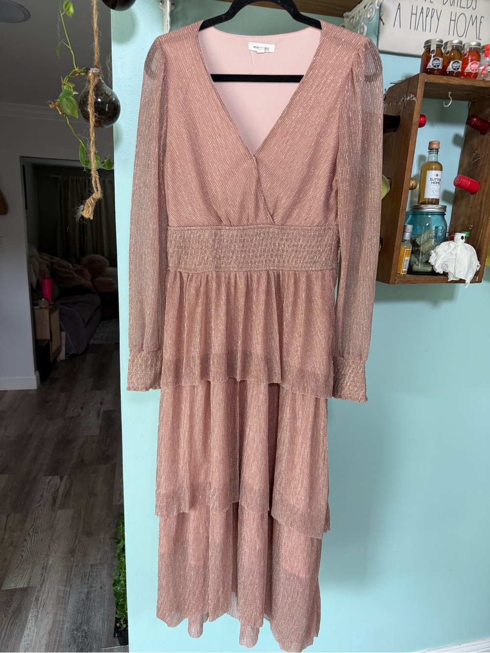 August Sky Elegant Blush Long-Sleeve Tiered Maxi Dress Size Large